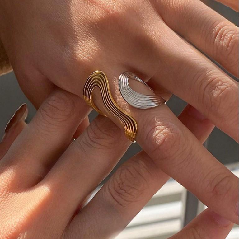 18K Gold & Stainless Steel Open Line Ring with Irregular Curve Design