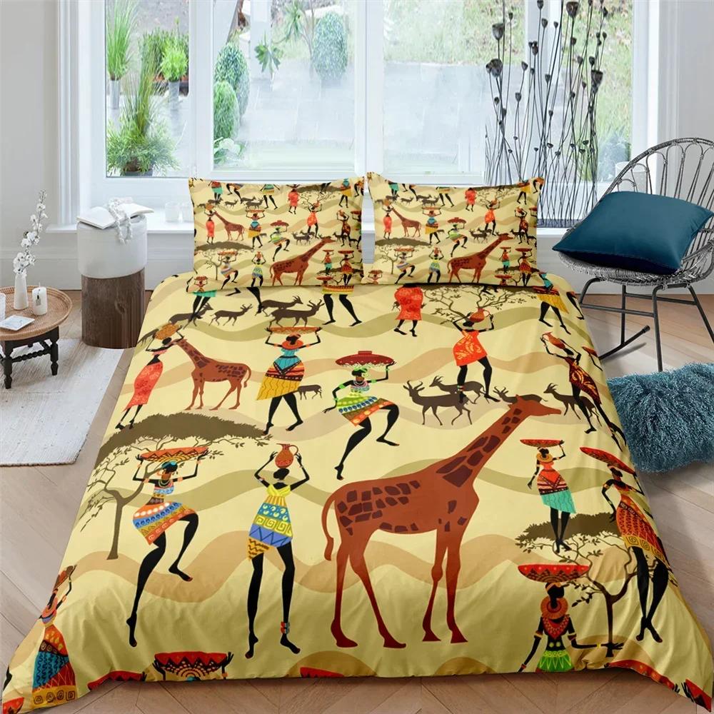 African Woman King Queen Duvet Cover Retro Exotic Tribal Black Girl Pattern Bedding Set Africa Polyester Quilt Cover Pillowcase