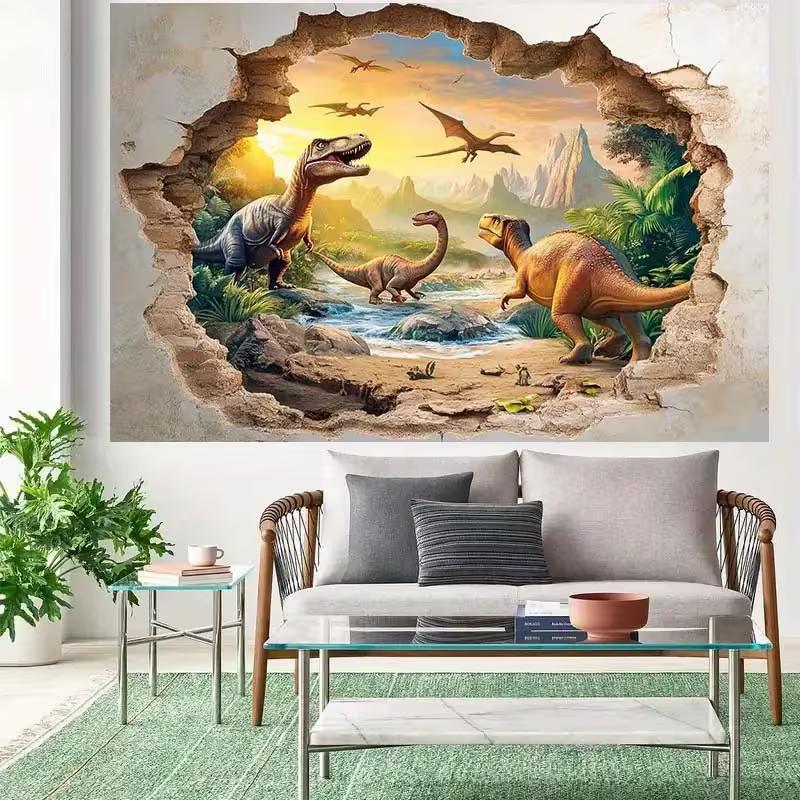 2D Visual Effect Dinosaur World Tapestry Broken Wall Jurassic Scene Wall Hanging for Children's Room