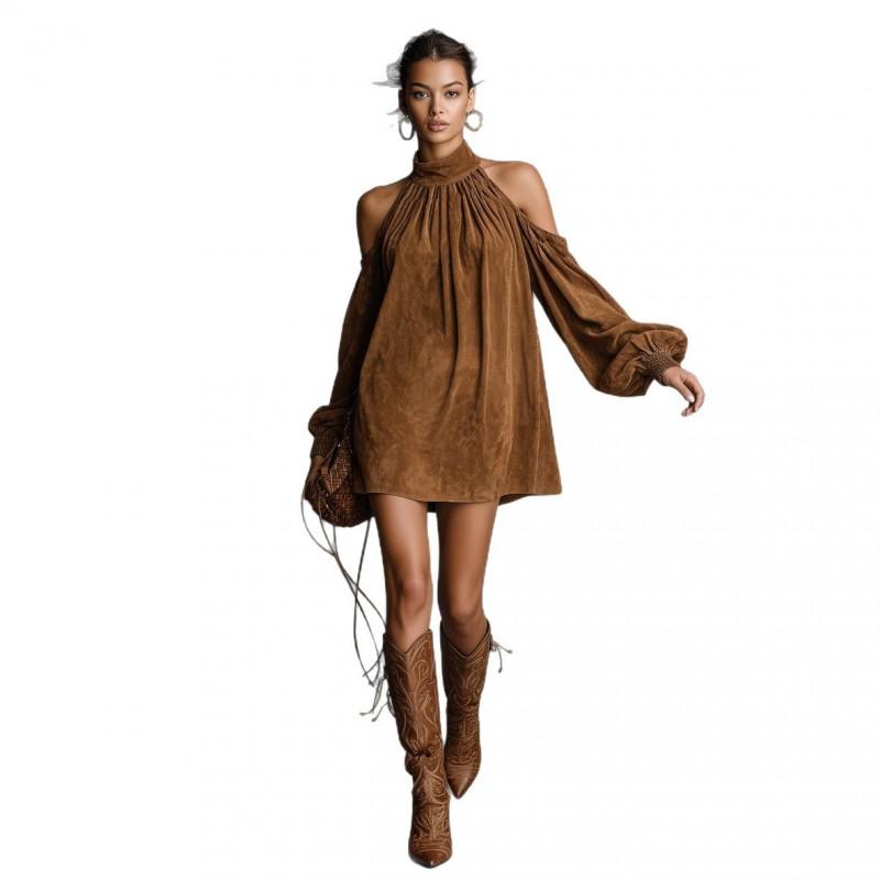 2026 Womens Loose Suede Halter Mini Dress Lantern Sleeve Sweet Party