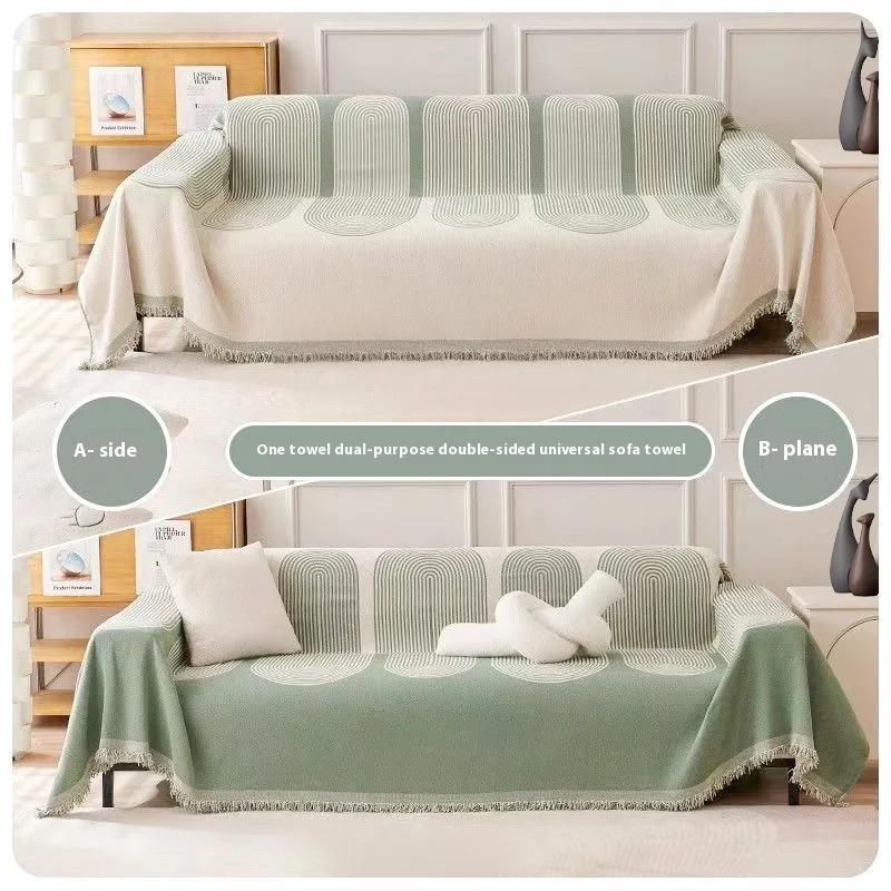 Double Sided Simple Arches Lines Jacquard Chenille Sofa Towel with Tassels, for All Season Living Room Couch Decor Throw Blanket