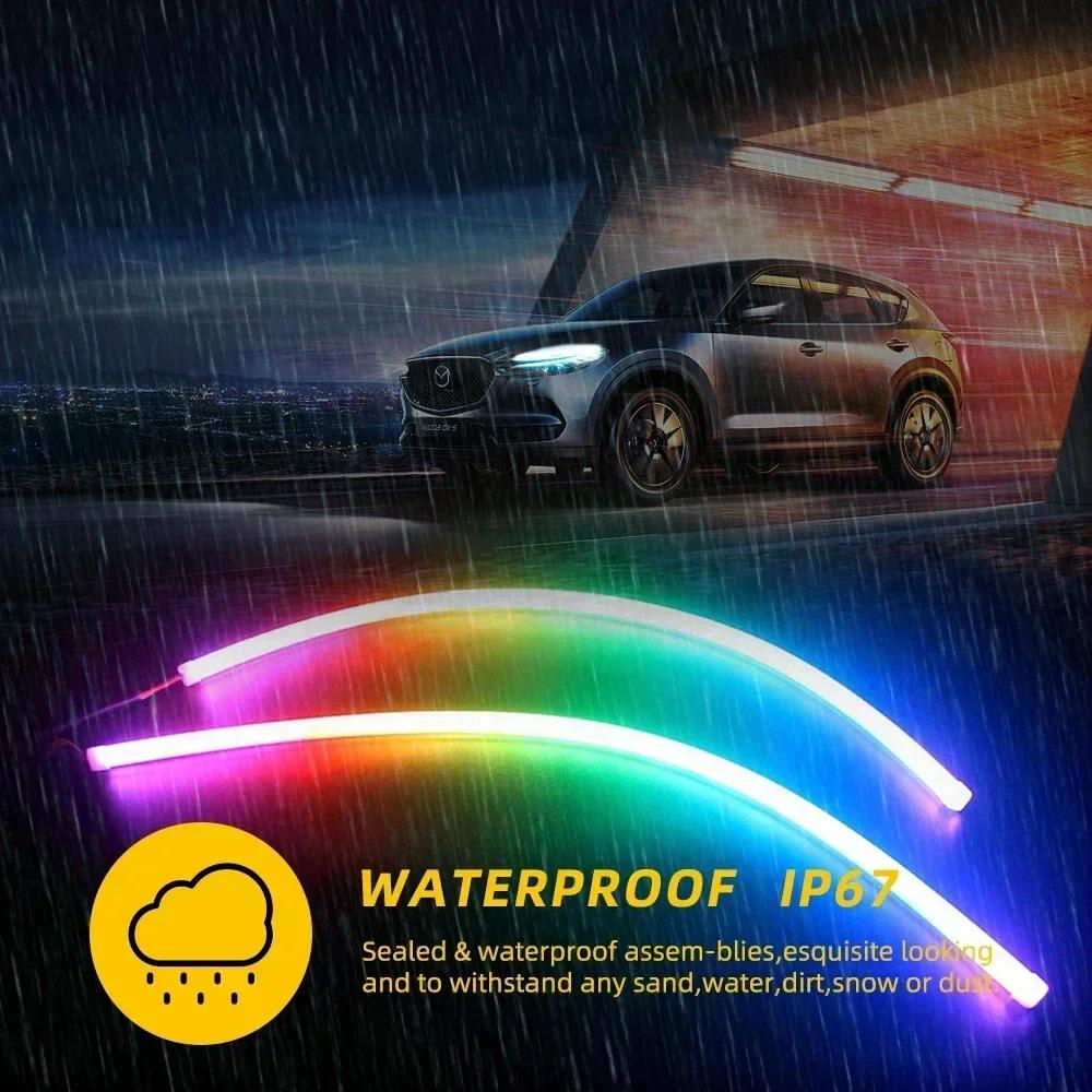 60cm RGB 12V DRL Daytime Running Light APP/RF Remote Control Flowing Turn Signal Lamp LED Headlight Strips For Car Accessory 12V