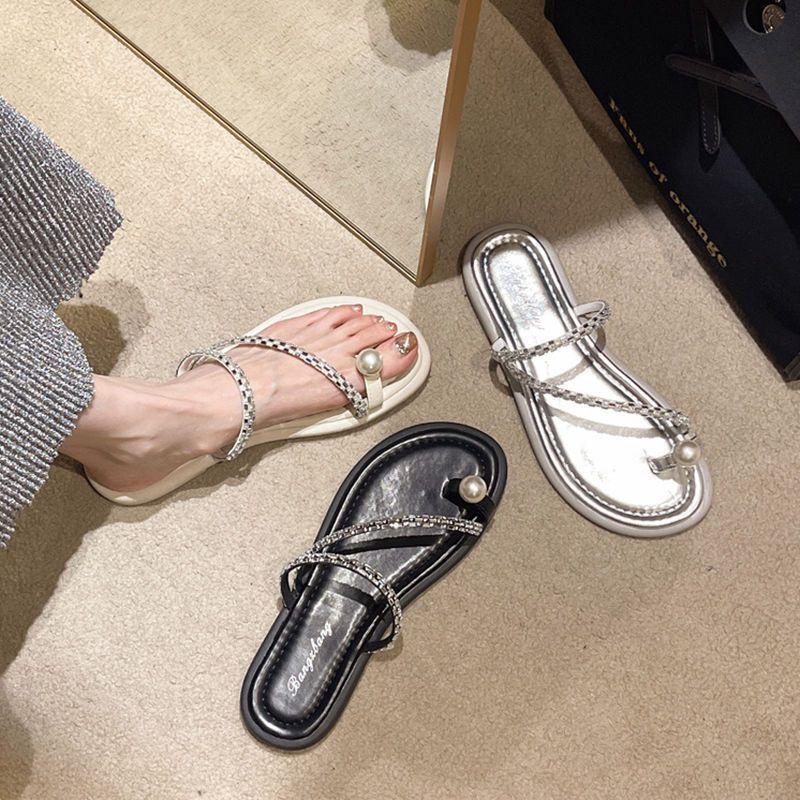 Mezzanine Flat Slippers Women's Summer Wear 2025 Summer New Pearl Beach Sandals Fashion Ins Fairy Style
