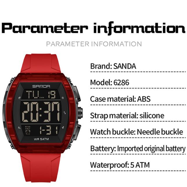 SANDA 6286 Multi Function Men Digital Watch Fashion Design Two Time Luminous Complete Calendar Waterproof Men Digital Wristwatch