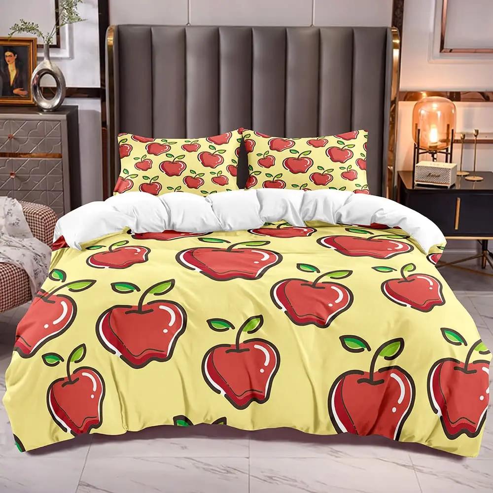 Red Apple King Queen Duvet Cover Sweet Fruit Patterned Bedding Set For Kids Pink Quilt Cover Plant Polyester Comforter Cover