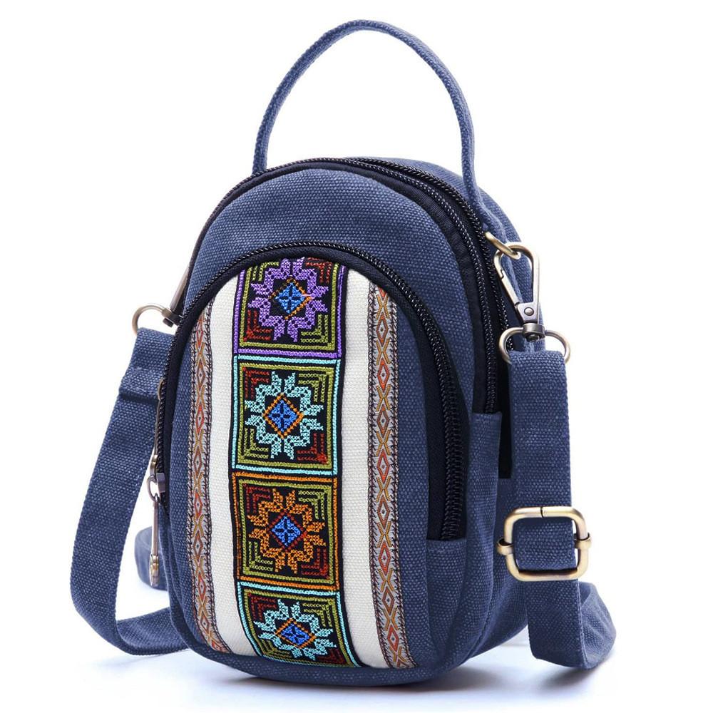 Ethnic Style Embroidered Canvas Bag With Zipper Pockets For Daily Use
