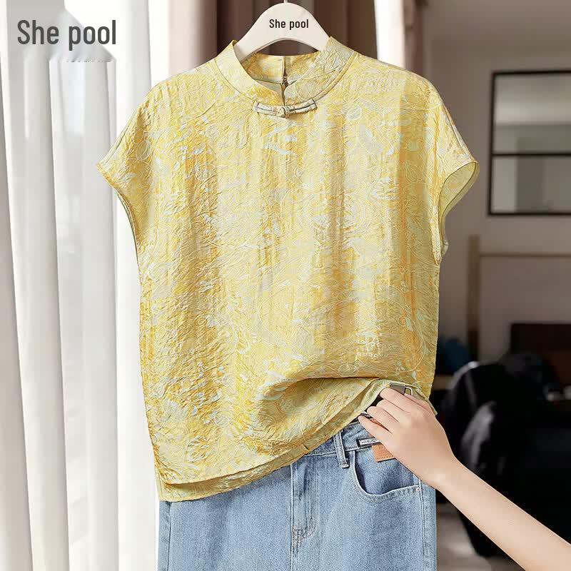 Women s Pleated Stand-Collar Chinese Style Blouse L