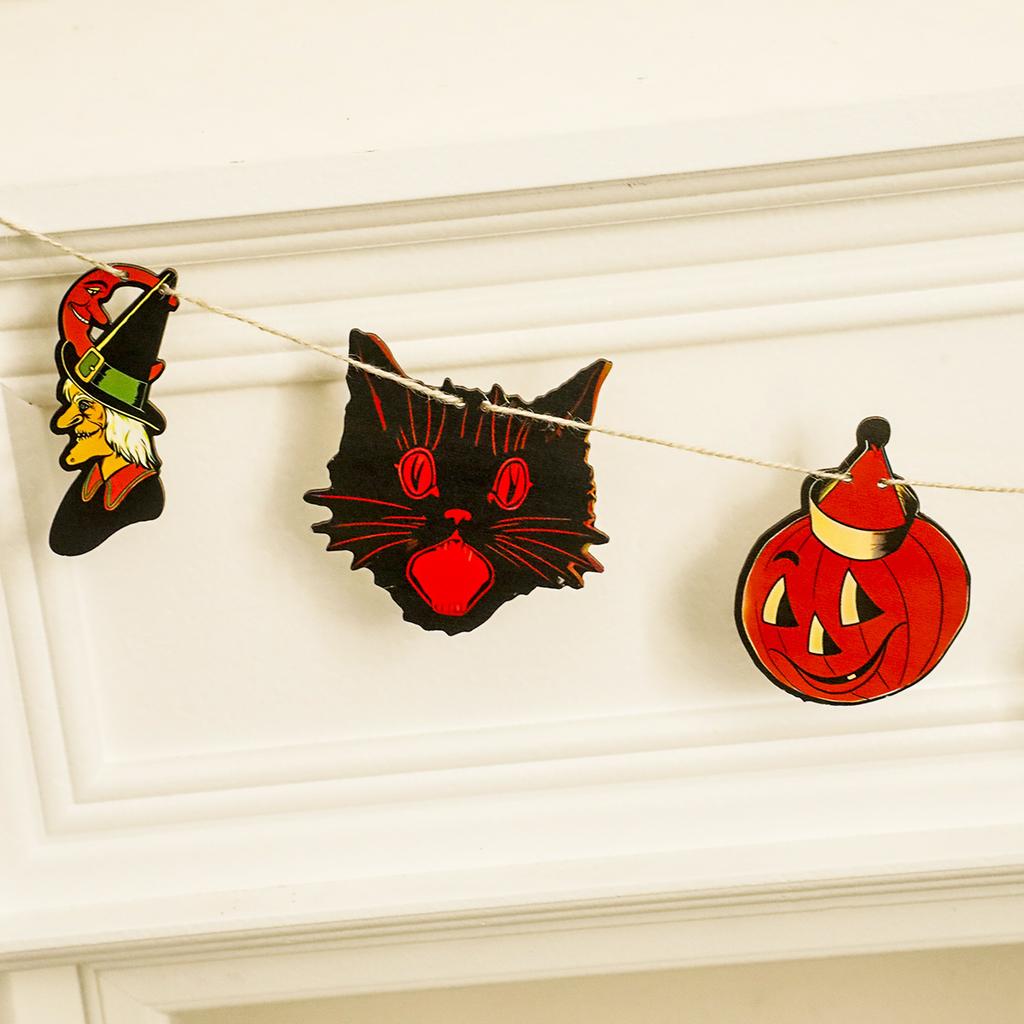 1 Stück Halloween-Girlande Banner, Vintage Kürbis, Schwarze Katze, Skelett & Totenkopf Formen, Wandbehang Dekoration für Hausparty & Kamin