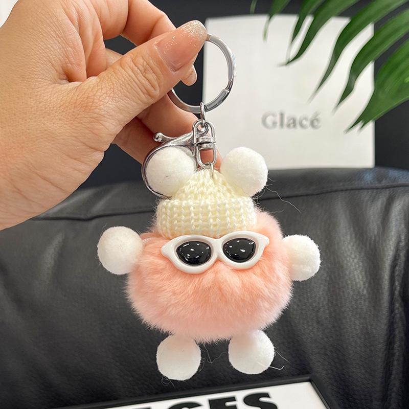 Faux Fur Plush Ball Keychain Ornament - Cartoon Doll Design