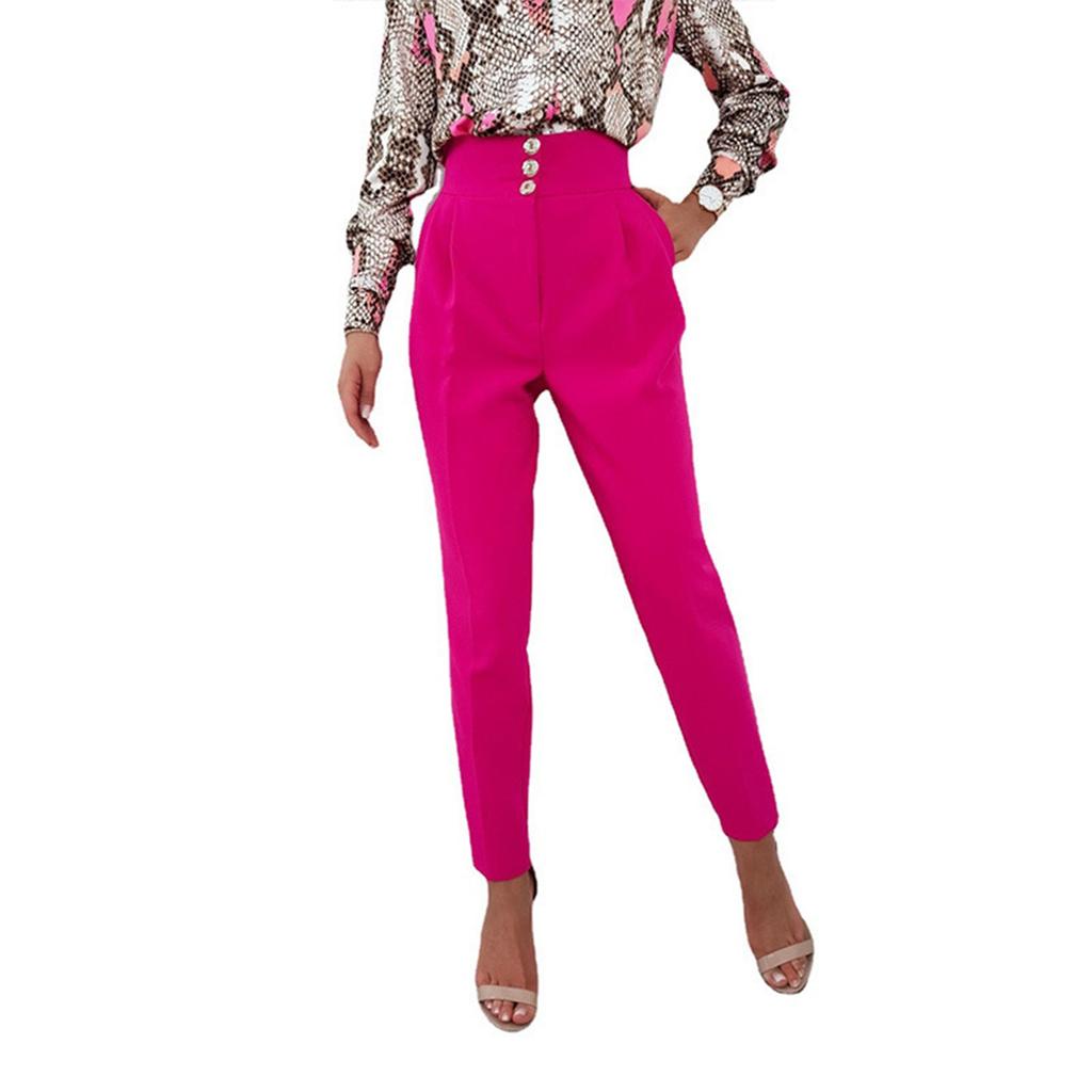 Women's Solid Color Slim Button Zipper High Waist Pocket Calf Pants