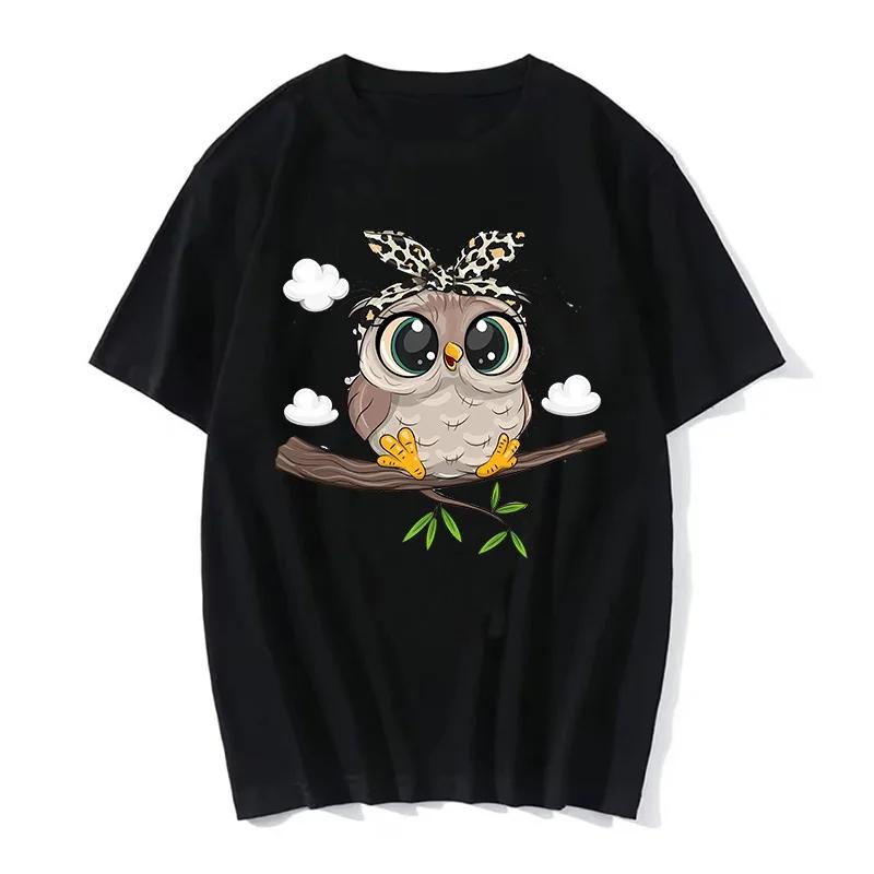 Cartoon Owl Print T Shirt Women Kawaii Graphic Shirts Casual Short Sleeved Black FeUnisex Tee Oneck Harajuku Tshirts