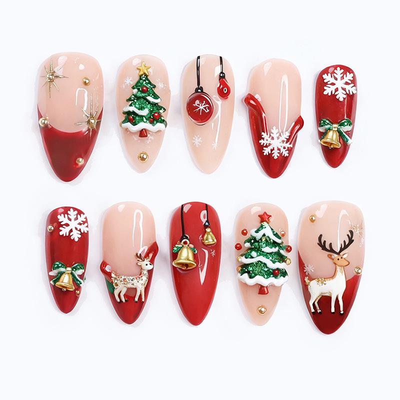 Christmas Press On Nails Medium Almond Fake Nails with Designs Reusable False Nails Press Ons Full Cover Acrylic Glue On Nails Stick On Nail for Women