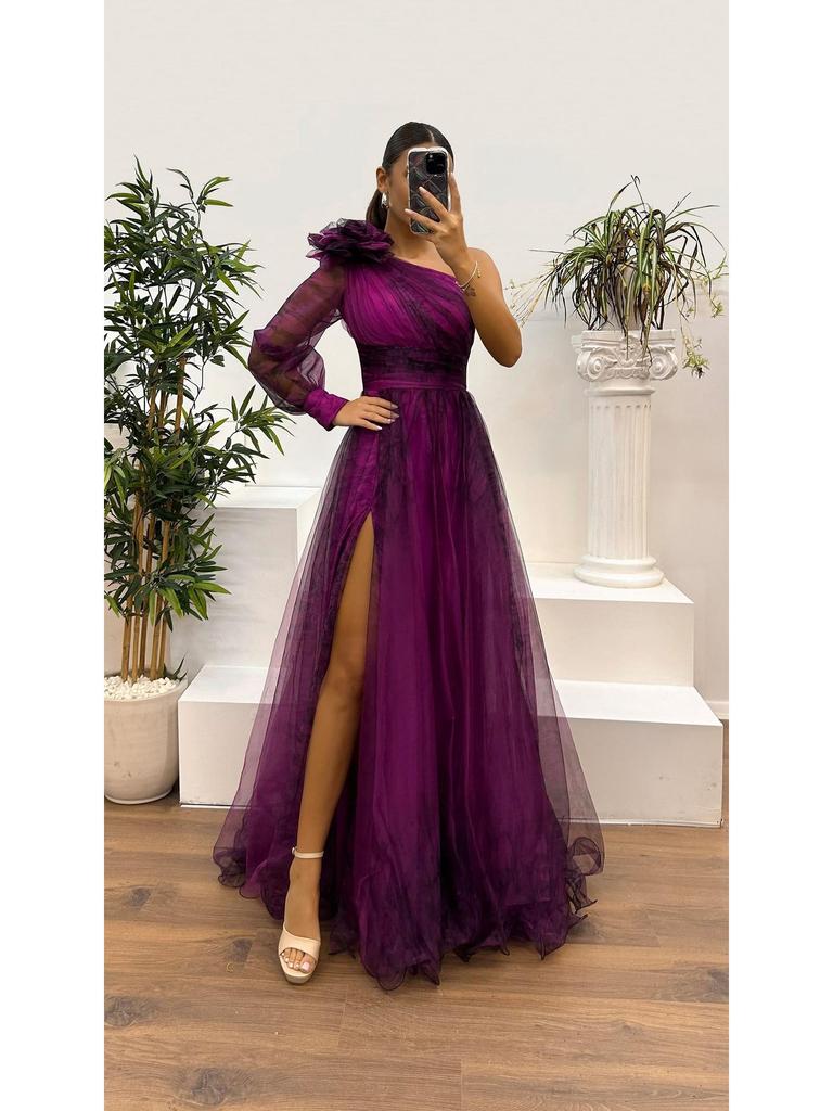 European & American One-Shoulder Mesh Print Dress: Spring/Autumn Casual Loose Party Style