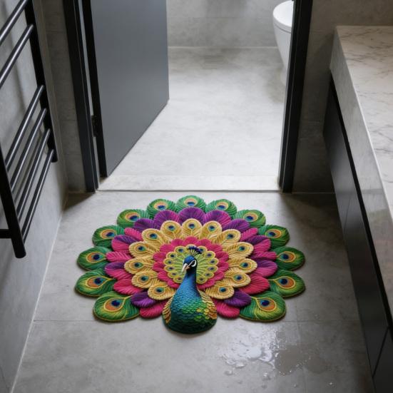 Tapete de Chão Estampa Pavão 3D Macio Antiderrapante Decorativo Tapete Casa Sala de Estar Quarto Porta Fácil de Limpar Carpete