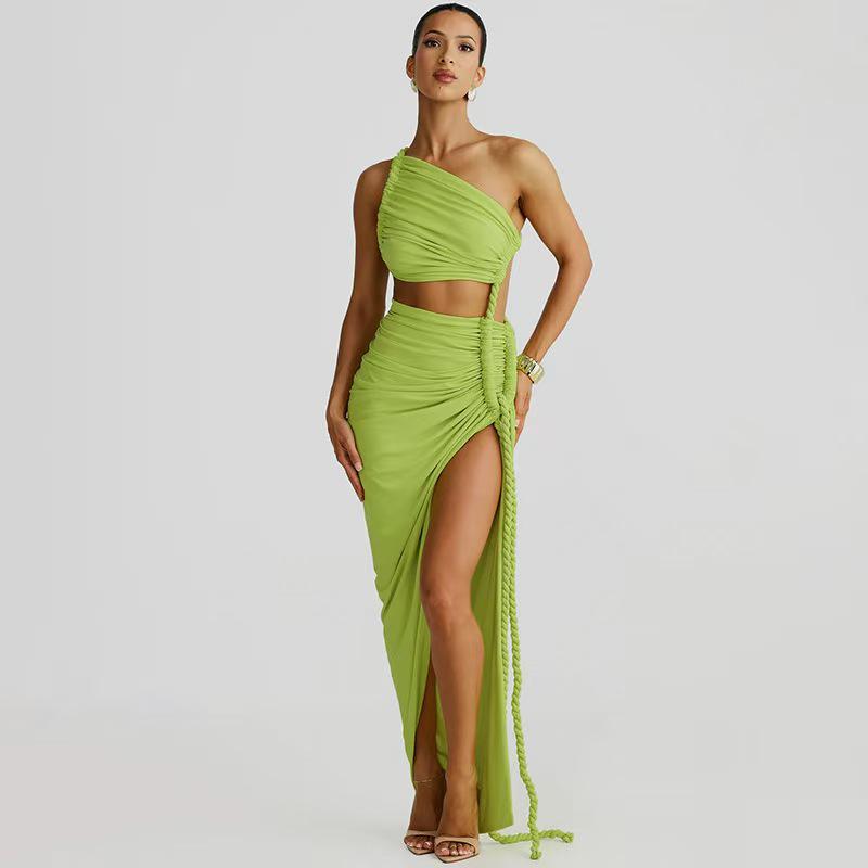 Women's One-Shoulder Ruffled Bandeau Dress: Sexy Summer Backless Split Long Dress