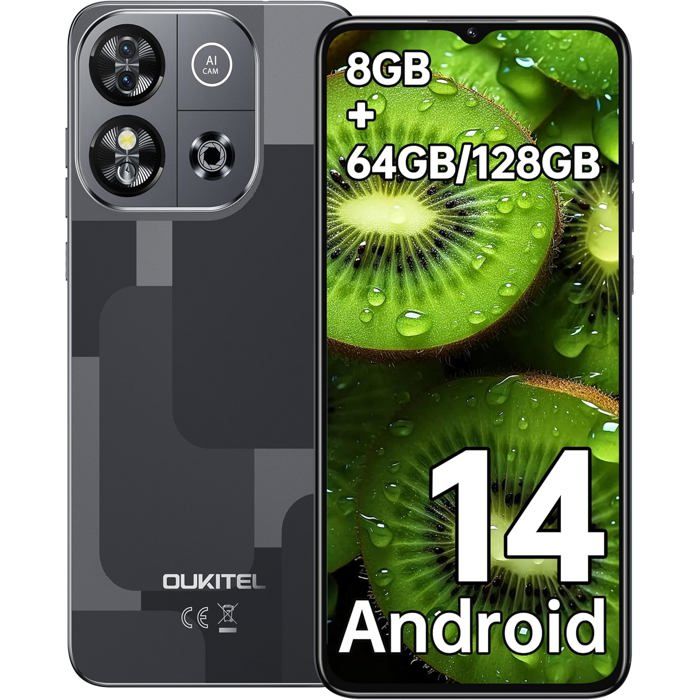 Téléphone Portable OUKITEL C57S 8Go+64Go Écran 6.52" Smartphone Pas Cher Android 14 4300mAh 13MP Smartphone Débloqué 4G Dual SIM/GPS