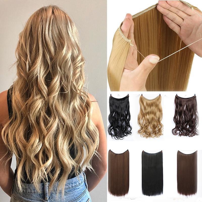 60CM Long Wavy Fish Line Hair Extensions Invisible Wire Secret No Clips In Hairpieces Synthetic Heat Resistant Fiber