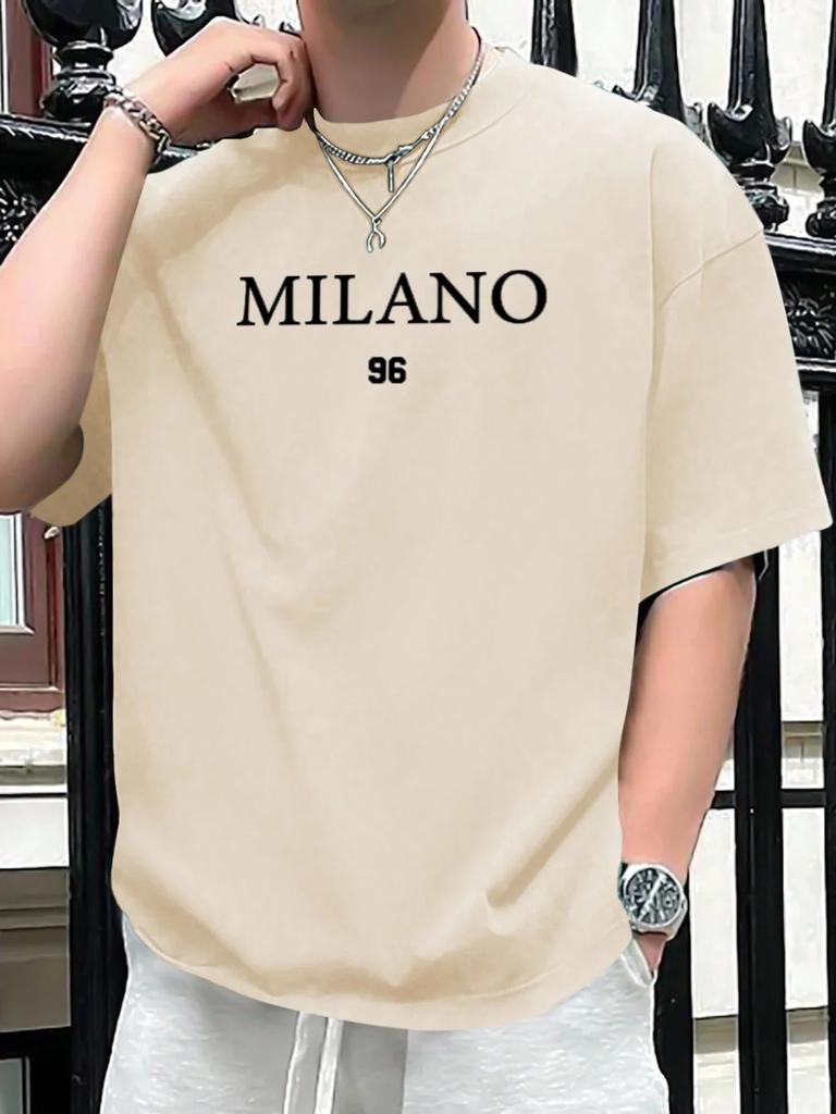 Herren 100% Baumwolle Sommer Locker Größe MILANO 96 Buchstaben Aufdruck Schmal Geschnitten Lässig Sport Rundhals Kurzarm T-Shirt Top Tee