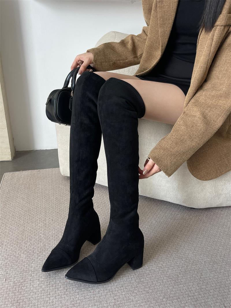 

2025 Xiaoxiangfeng pointed thick heel knee boots women warm pointed high heel thin boots women 40 бордовый