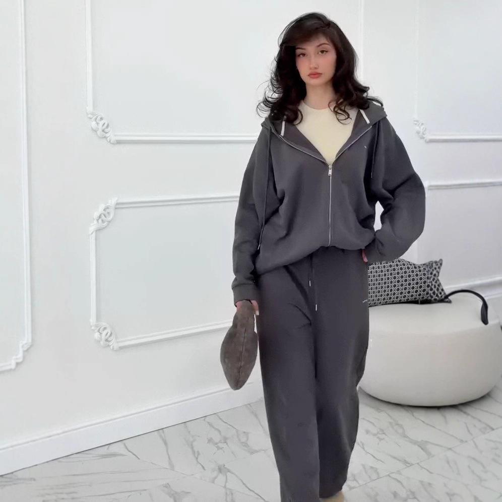 2025 Autumn Women's European & American Casual Two-Piece Set: Elastic Zipper Pants with Pockets & Hooded Top