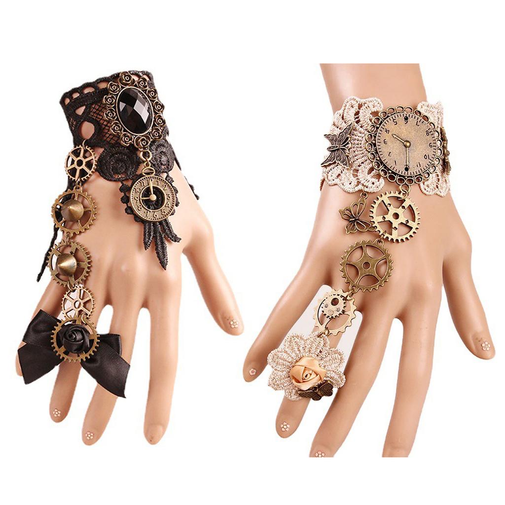 Women Bracelet Ring in 2 Colors with Gear Clock Wrist Guard and Adjustable Ring with Long Bracelet Women Cosplay Props