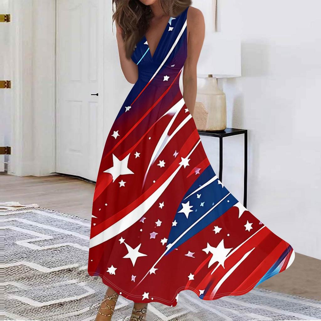 Women's Fashion Casual Loose V Neck Sleeveless Independence Day Printed Long Dresses