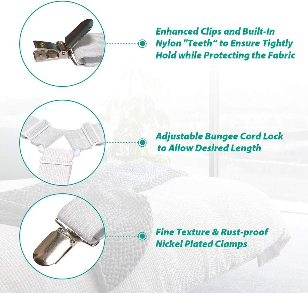 Bed Sheet Fasteners, Adjustable Mattress Suspenders, Mattress Cover Straps, Bed Corner Holder and Keepers and the Bed Sheet Grippers Clips