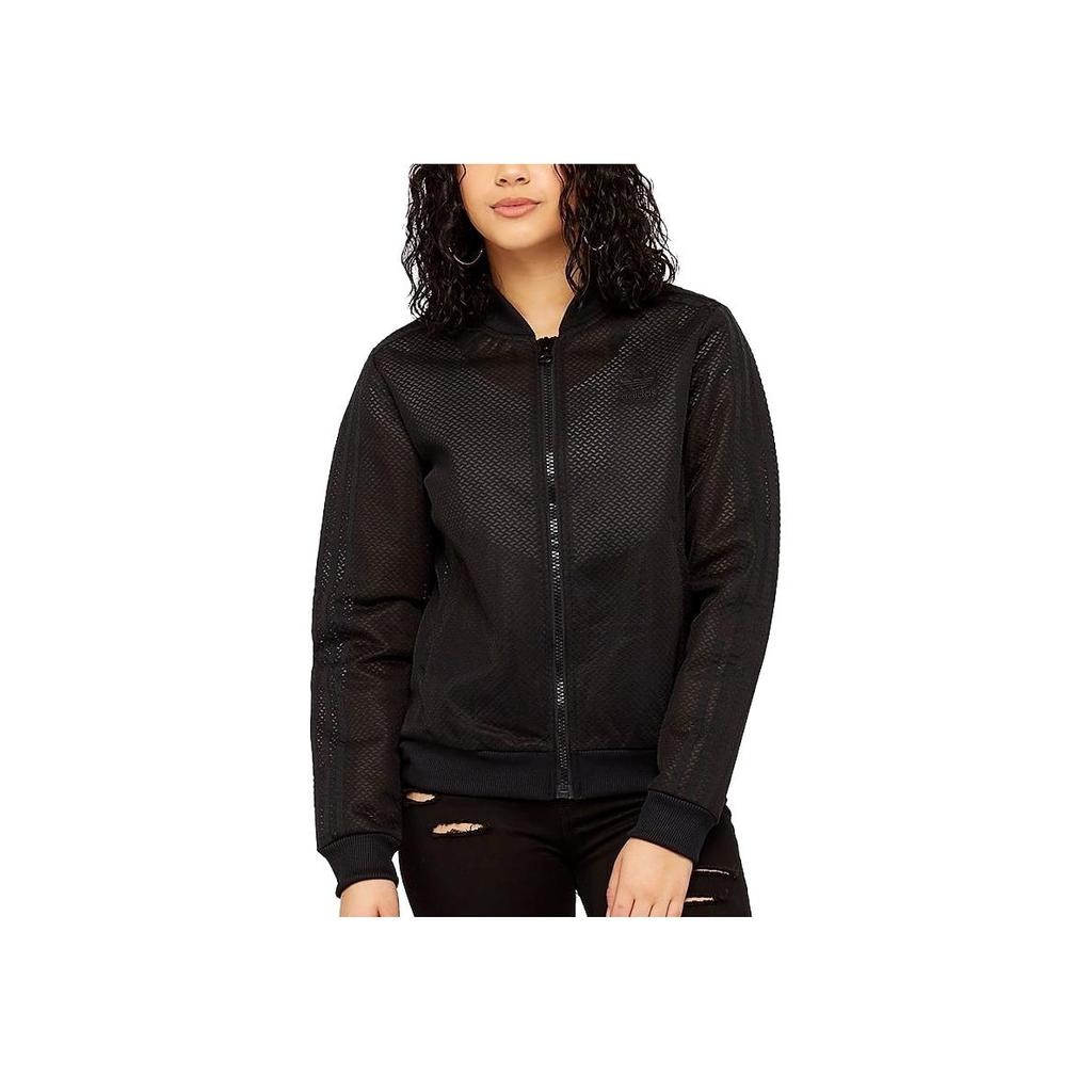 adidas Originals Solid Color Letter Logo Print Woven Mesh Stand Collar Jacket Women Jackets Black CV5798