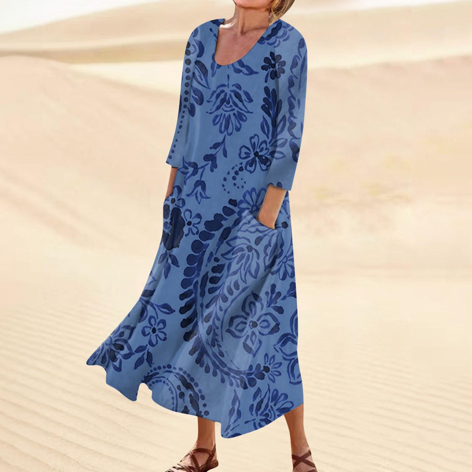 

Женское повседневное модное удобное платье с карманами и рукавами 3/4 с принтом XXXL синий