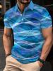 [Printed Design - Not Textured] Men's Summer Short Sleeve Polo Shirt, Fashionable Golf Shirt In Blue-Purple Series with Abstract Line Art, Casual