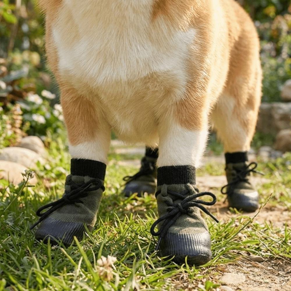 4PCS Non-slip Knitted Dog Shoes Waterproof Adjustable Straps Elastic Dog Booties Wear Resistant Breathable Lace-up Dog Socks