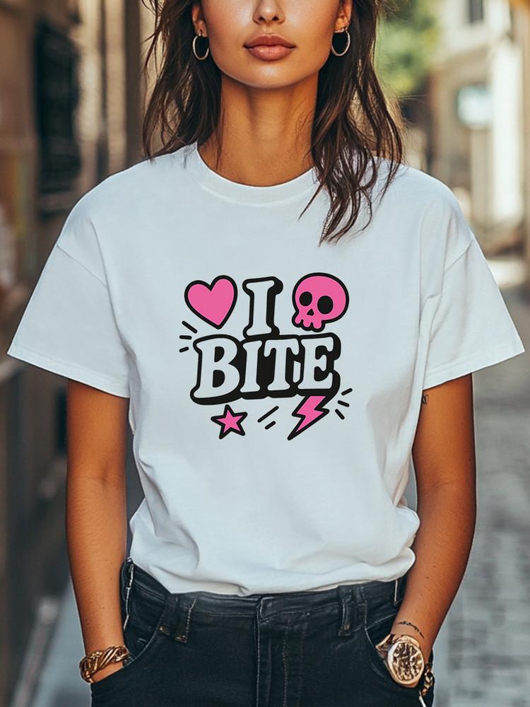 I Bite T-Shirt Cute Edgy Graphic Tee Y2K Retro Cute Heart amp; Skull Tee Women Unisex T-Shirt S