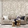 Wallpaper - White Leaves - Abstract Plant Motif On a Beige Background with a Frame