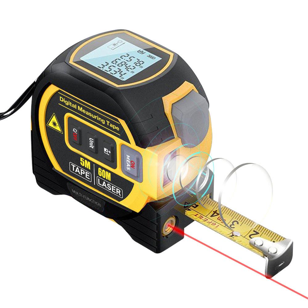 

3in1 Laser Rangefinder 5m Tape Measure Ruler LCD Display with Backlight Distance Meter Building Measurement Device Area Volumes помаранчевий