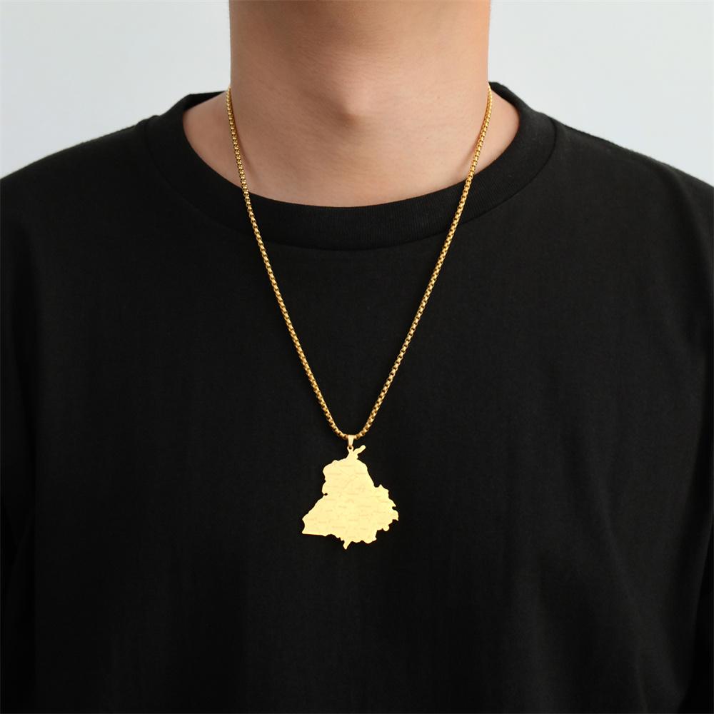  India Punjab State Map Pendant Necklace for Man Stainless Steel Box Chain Geography Country Necklaces Ethnic Jewelry