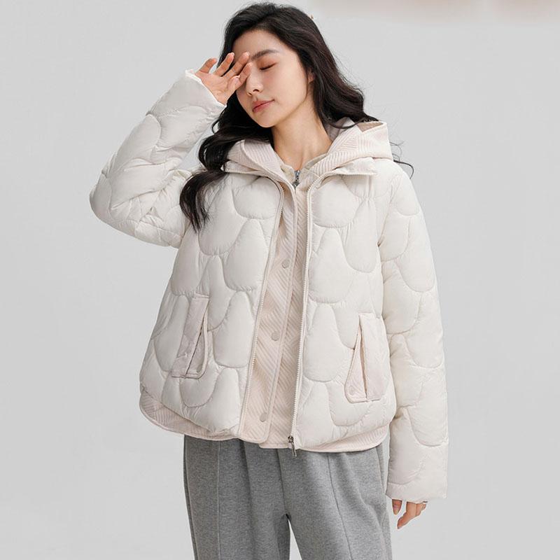 Veste d'hiver tendance ample en coton rembourrée de duvet pour femme à capuche confortable fausse deux pièces manteau bouffant élégant polyvalent vêtement d'extérieur