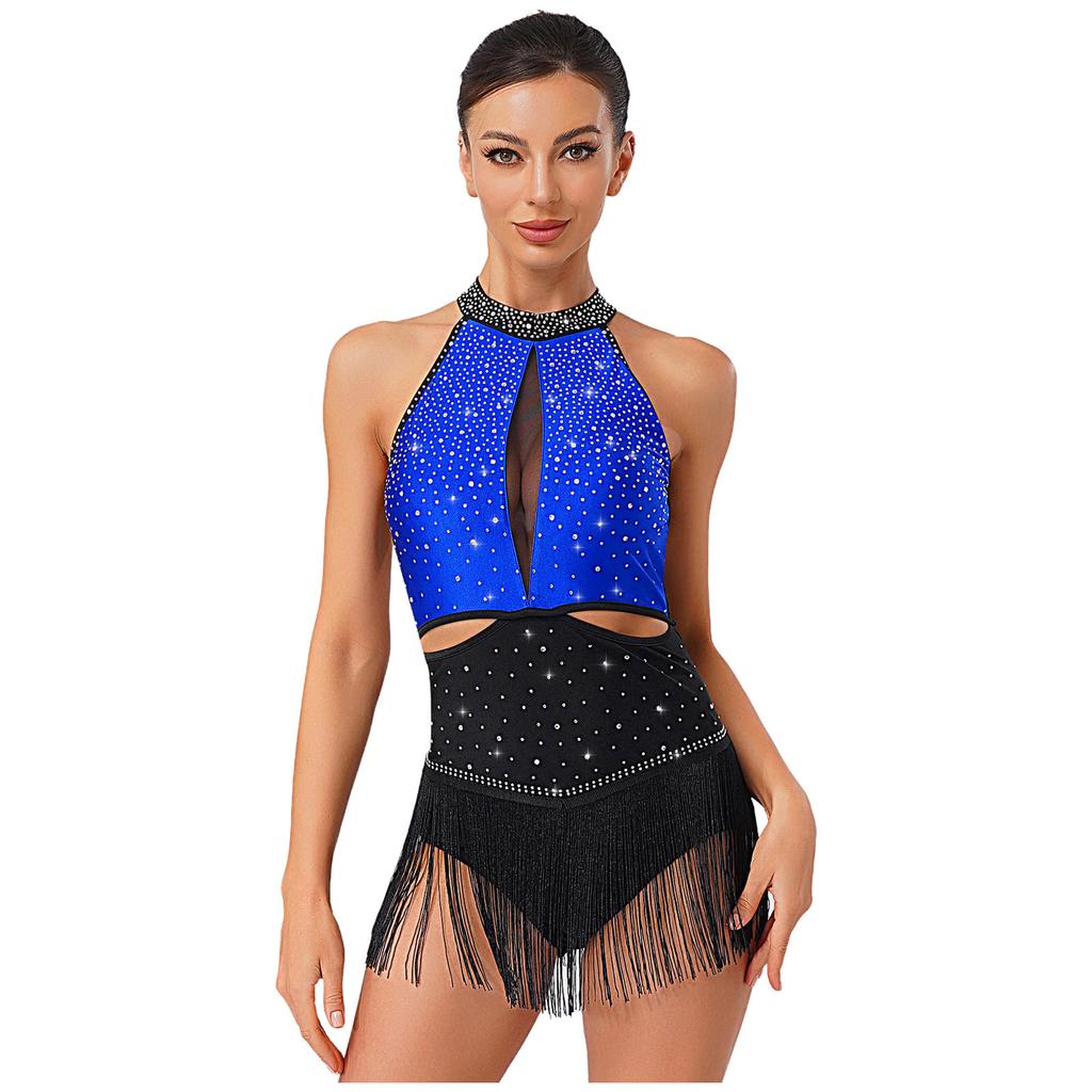 Dámský latinsko-jazzový taneční dres po celém povrchu s kamínky, třásňovou sukní, bez zad, kontrastní barvy, body