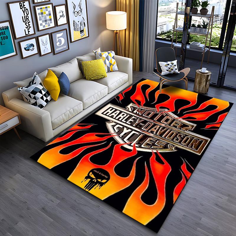 Area Rug, Harley Davidson Motorcycles Chrome Logo Orange Flames Black Biker Art Print, Man Cave Decor, Non-Slip Mat