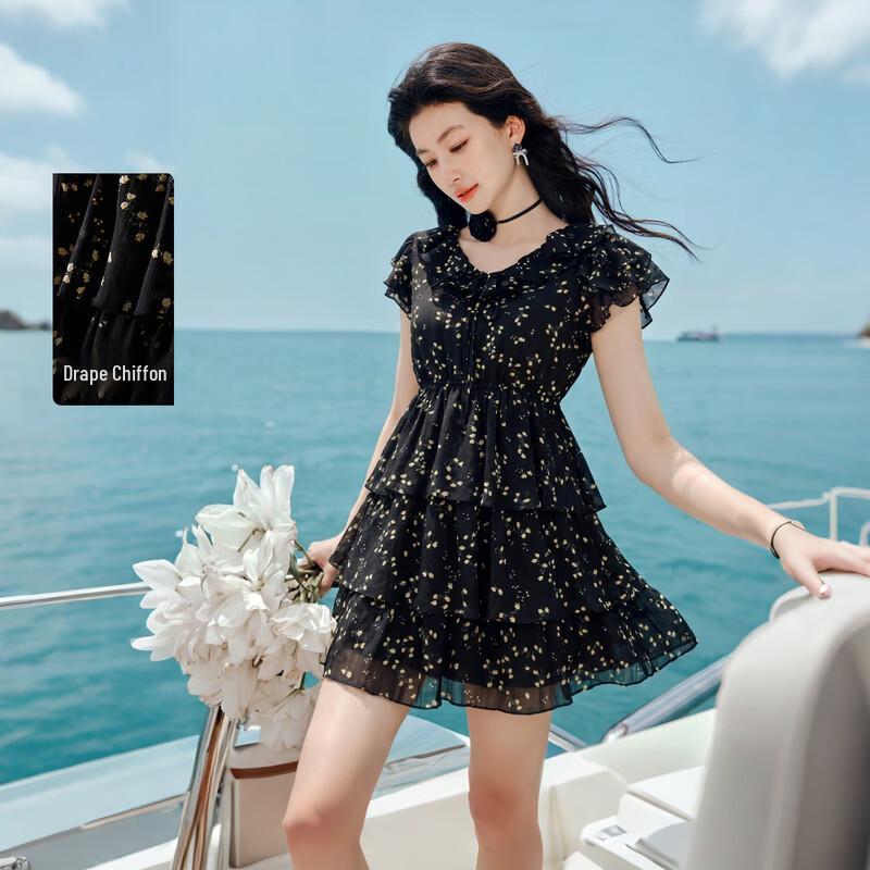 Elegant Ruffled Floral V-Neck Mini Dress M