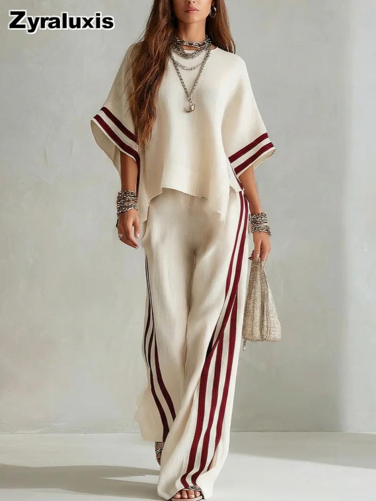 Summer New Women's Striped Patchwork Irregular Hem Casual Wide Leg Pants Two Piece Set