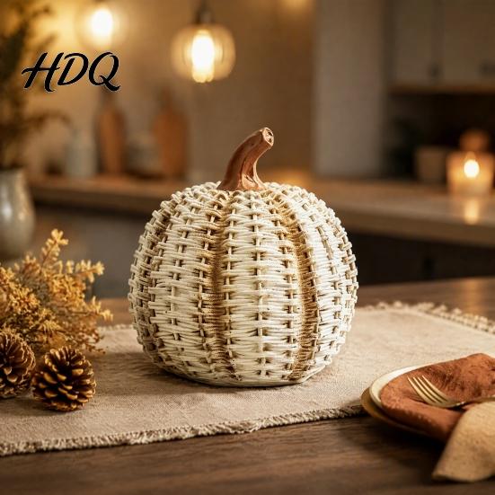 Simulated Rattan Texture Craft Faux Woven Pumpkin Ornament, Resin Decorative Figurine, Rustic Halloween Props Farmhouse Desktop Decoration for Harvest
