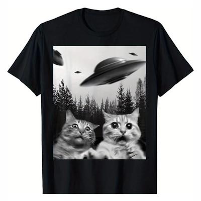 NEW BEST TO BUY Funny Duo Cats Selfie with UFOs Cat Lover Gift T-Shirt Summer Short Sleeve Fashion Cartoon Hip Hop Tees for Men