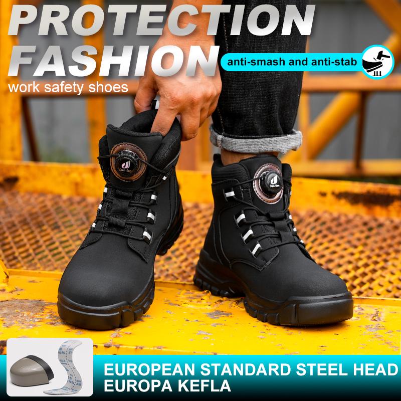Rotary Buckle Security Boots for Men Work Leahter Non Slip Botas Steel Toe Shoes Safety Puncture-Proof Waterpoof Men Boots