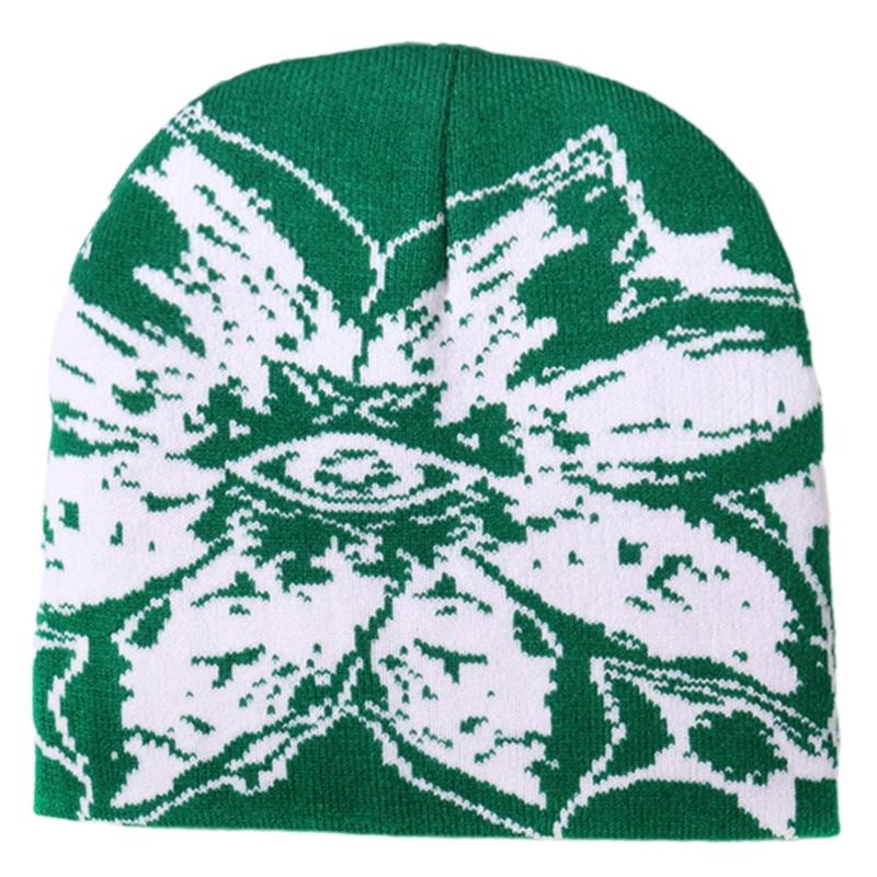Unisex Jacquard Eye Flower Pattern Knitted Beanies Hat Fashionable Winter Warm Hiphop Bonnet Skull Hat for Men and Women