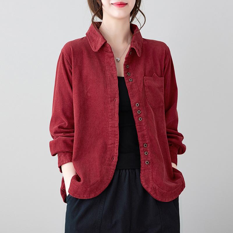 

Womens Plus-Size Turn Down Collar Long Sleeve Loose Corduroy Cardigans Blazer Jacket L вина червоного кольору