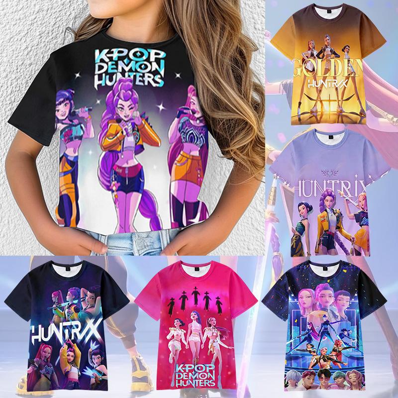 K-Pop Lovci démonů Potisk Tričko Dětské Dívčí Tričko s krátkým rukávem Film Huntrix Milovníci Fanouškovské Oblečení Dětský Cosplay Kostým
