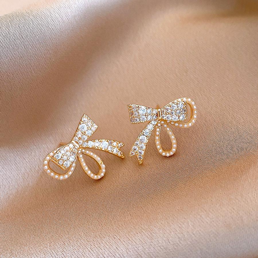 Silver needle French super flash zircon bow stud earrings niche earrings simple and exquisite earrings