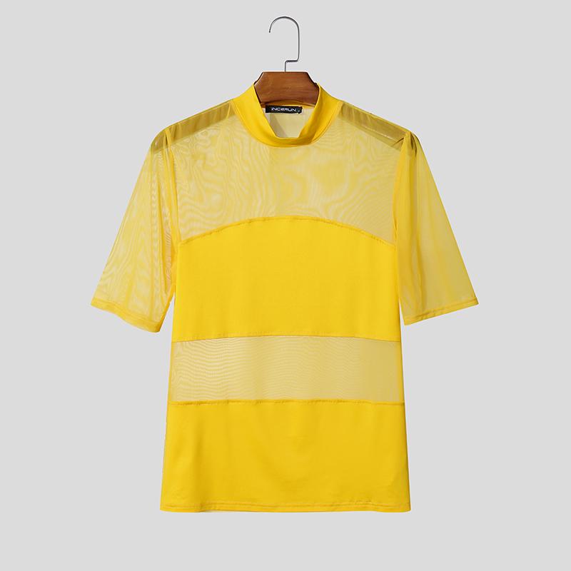 INCERUN Summer Men O Neck Short Sleeve Mesh See Through Patchwork T-shirts Tops
