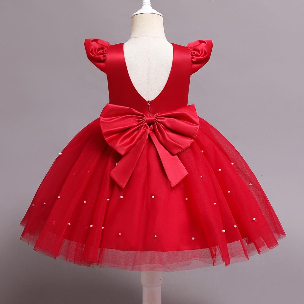 Toddler Girl Red Christmas Princess Dress Cute Baby Girl Birthday Party Tutu Gown Newborn Backless Bow Beading Costume