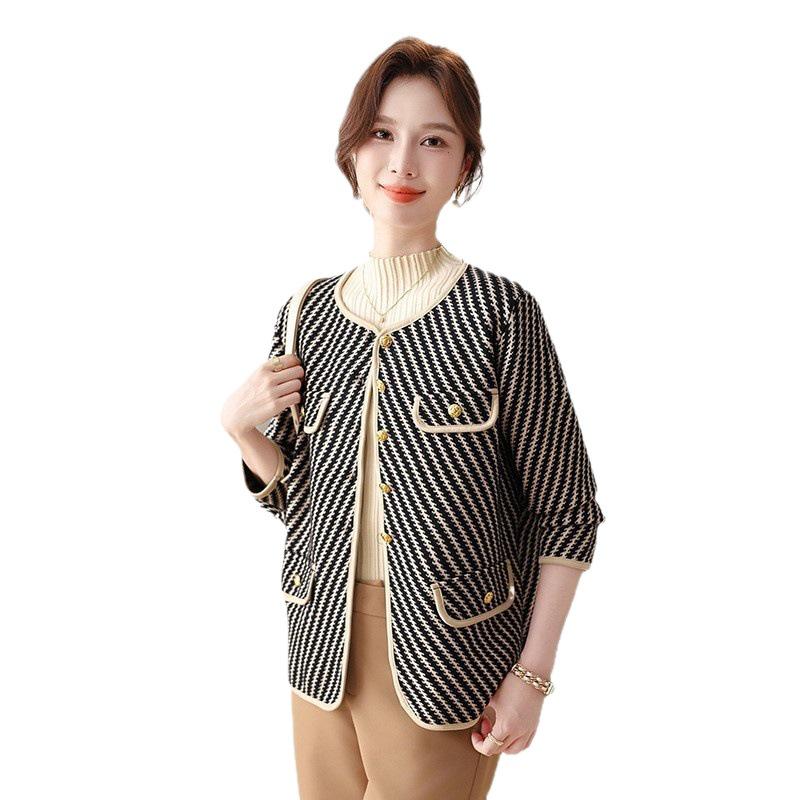 Elegant French Chic Striped Wool Cardigan for Women - Autumn/Winter Double-Sided Knit
